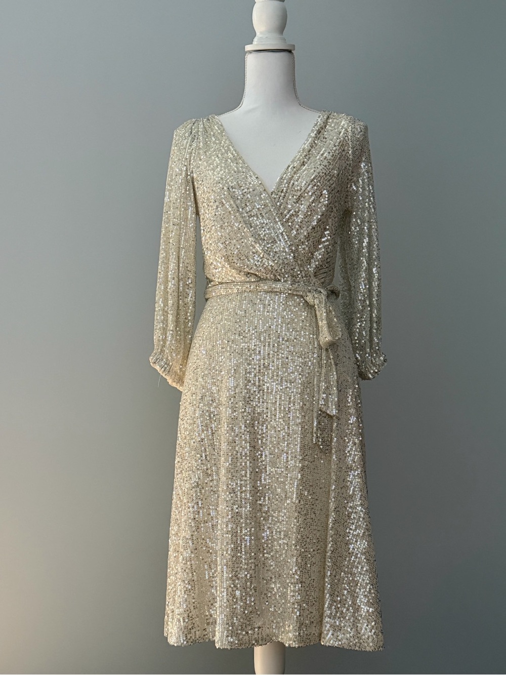 Dkny Champagne Sequin Wrap Midi Dress